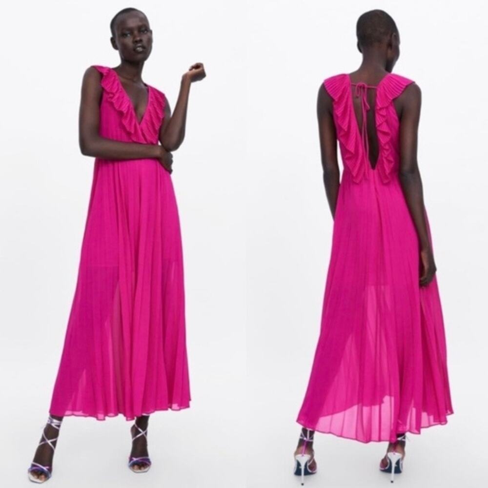 Zara Pink Pleated Ruffle V-Neck Flowy Maxi Dress Sleeveless size XS - Picture 2 of 8